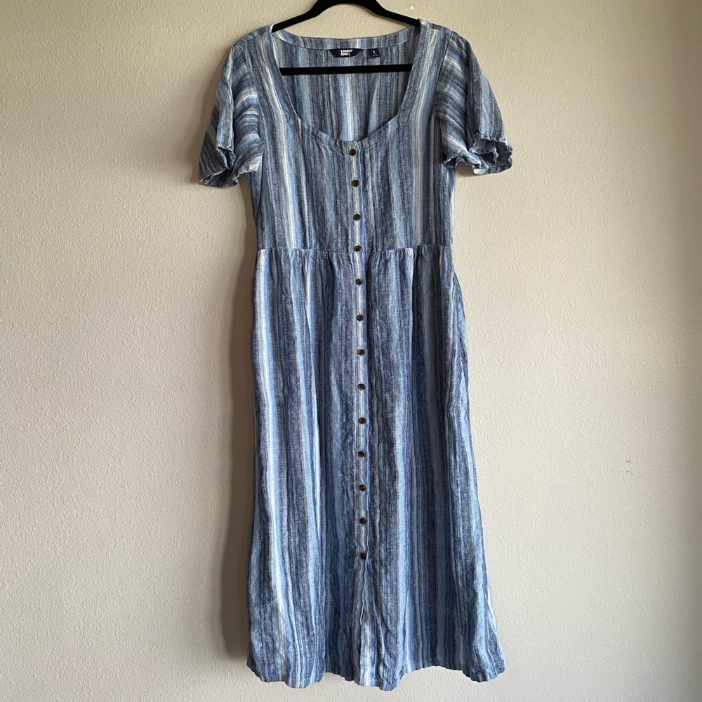 Lands' End Linen Sweetheart Button Front Midi Dress